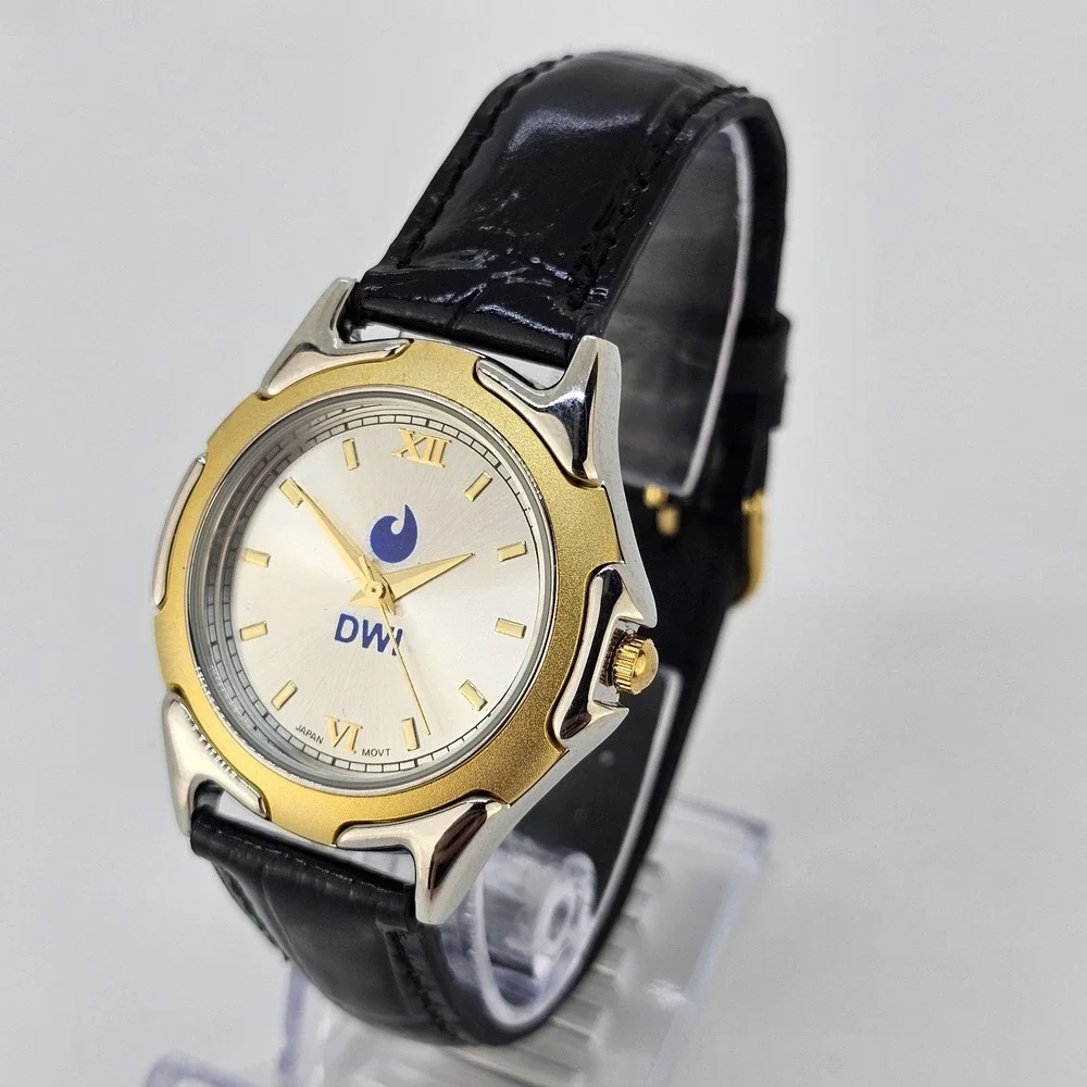 Men's Analog Dress Watch 37MM Light Gold Dial Black Leather Bands New Battery